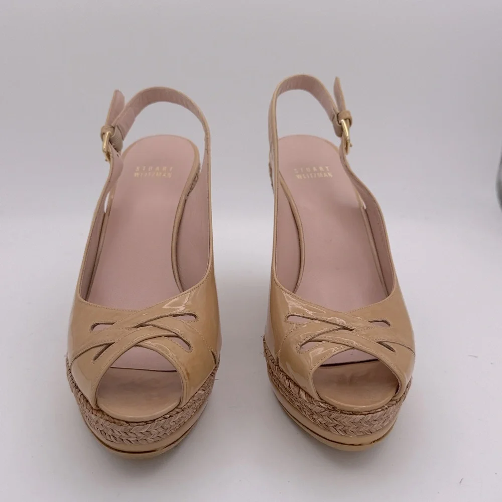Stuart Weitzman women’s patent leather Tan Espadrille platform sandals shoes 8.5